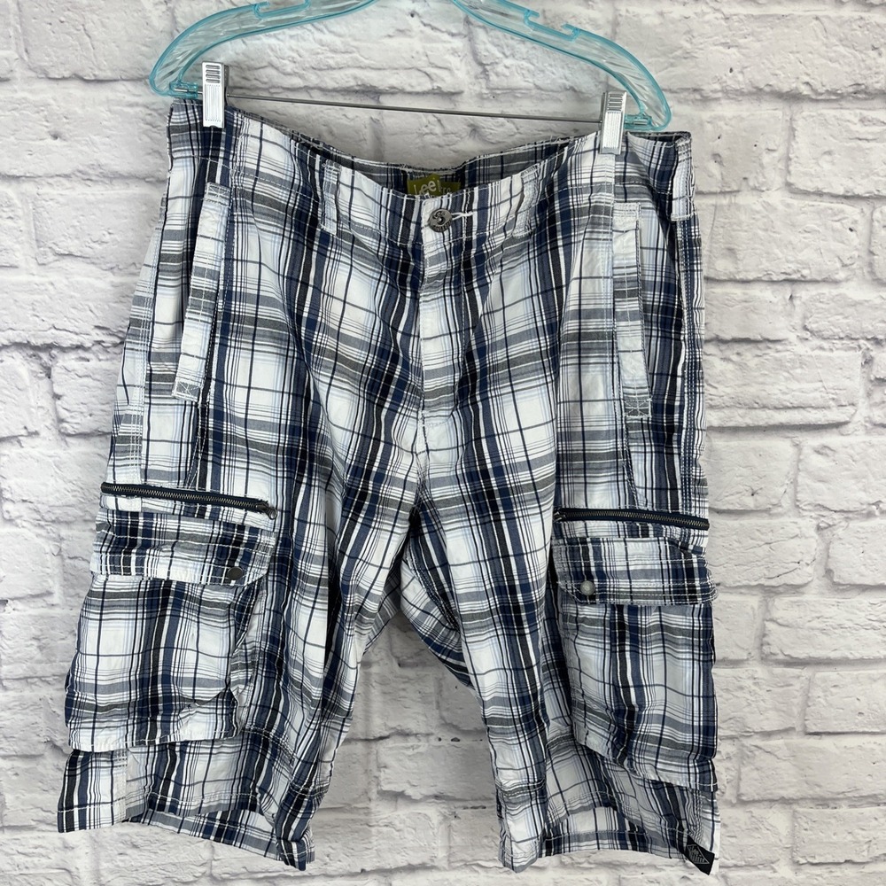 Lee Men's Y2K Skater Baggy Cargo Zipper Pocket Plaid Cotton Shorts Size 38